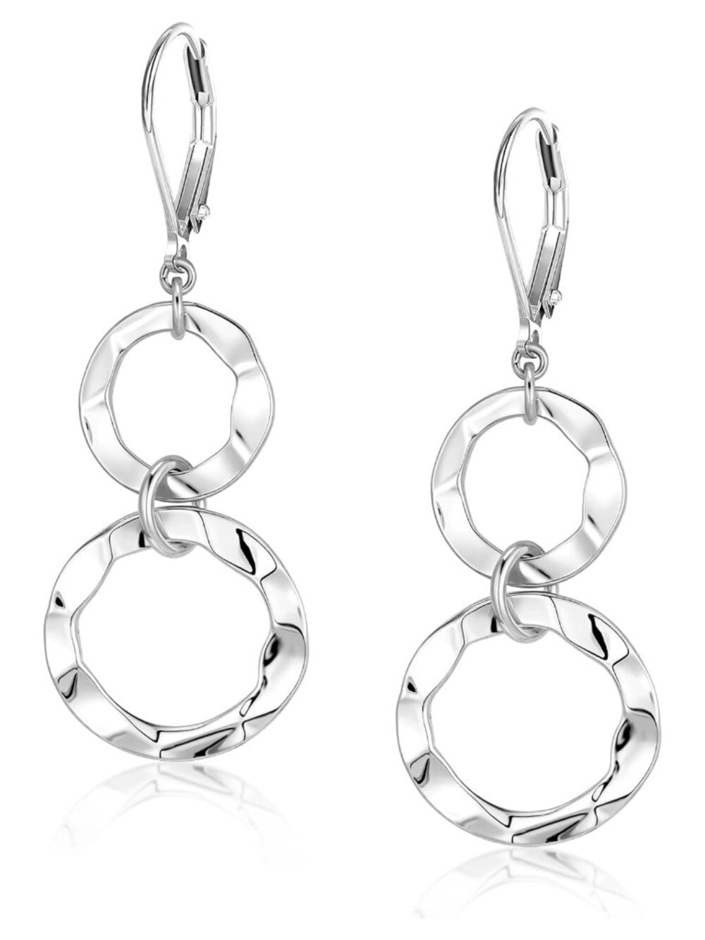 Hammered Double Circle Leverback Dangle Earrings Silver 14K Gold Hypoallergenic